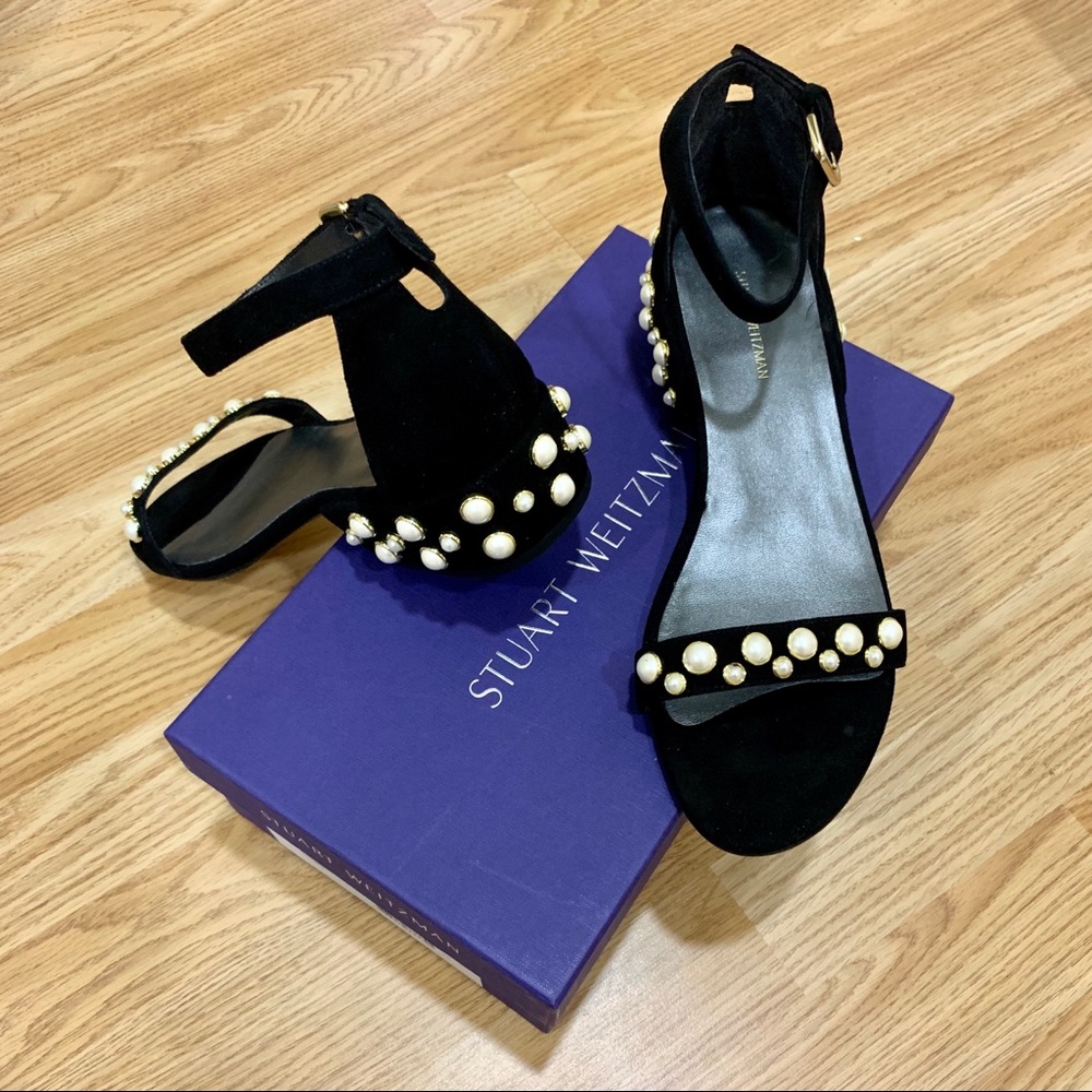 Stuart Weitzman Allpearls Suede Block-Heel Sandal - Picture 1 of 8